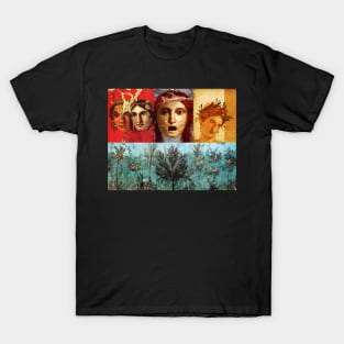 ANTIQUE ROMAN PAINTINGS ,GREEK THEATER MASKS WITH FLOWER GARDEN T-Shirt